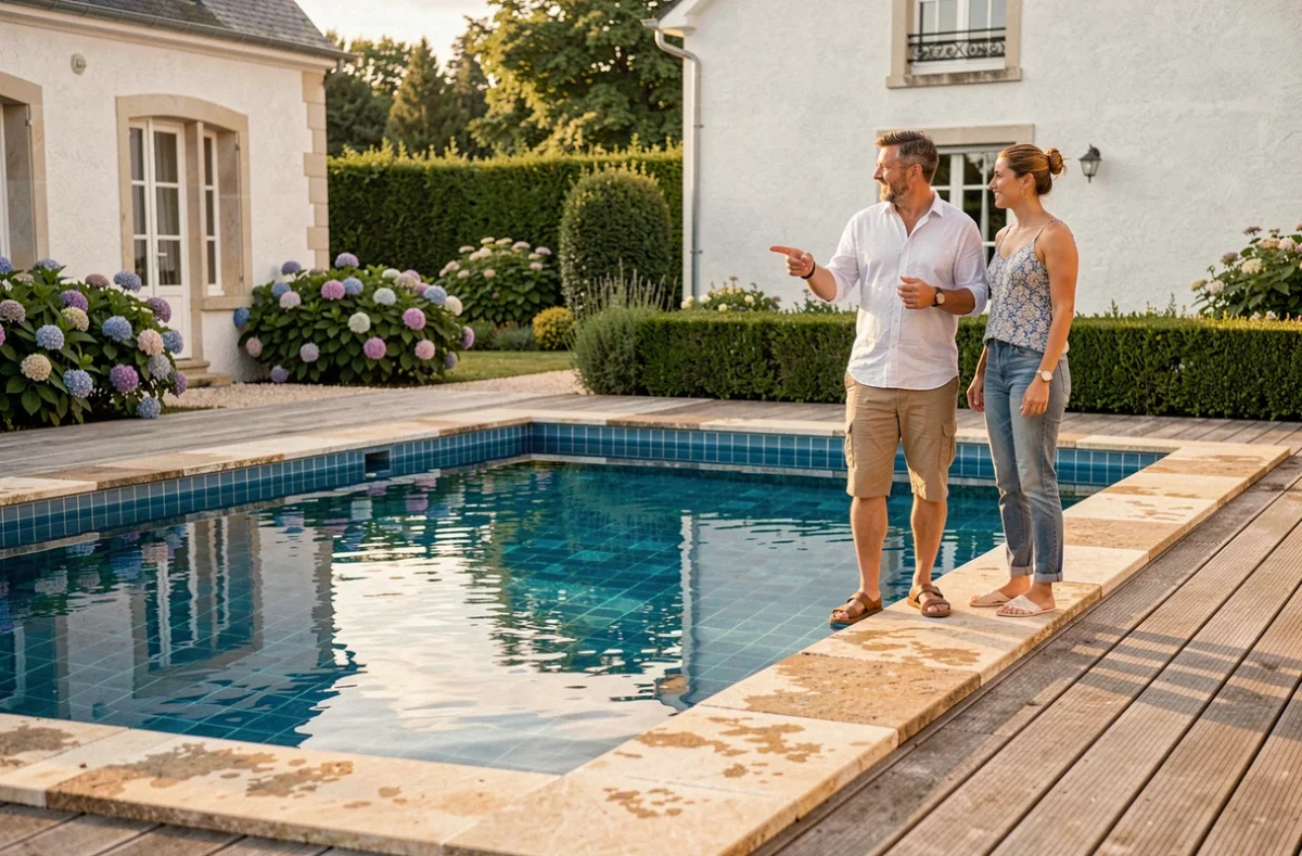 Piscine résidentielle terminée avec carrelage bleu et terrasse en bois dans un jardin de Loire-Atlantique