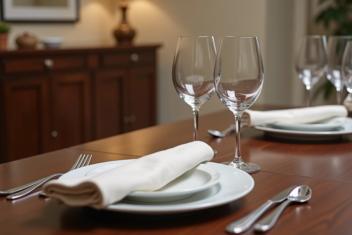 Disposition correcte des verres à table lors d'un repas formel avec verres à eau, vin rouge et vin blanc alignés au-dessus de l'assiette