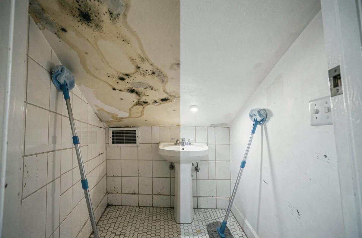 Salle de bain avec plafond mi-nettoyé mi-taché d'humidité et balai télescopique appuyé contre le mur