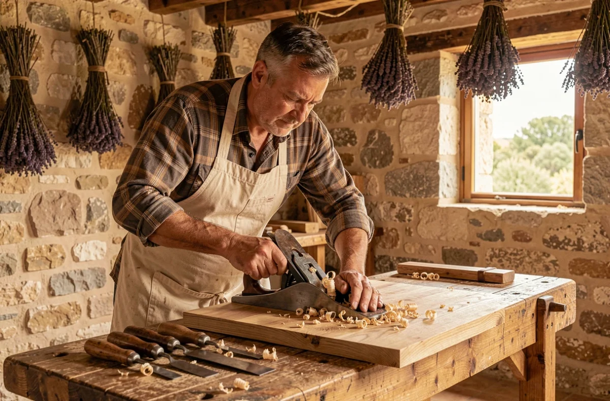 Artisan menuisier rabotant un panneau en chêne à la main dans l'atelier artisanal Plisson Menuiserie à Bormes-les-Mimosas