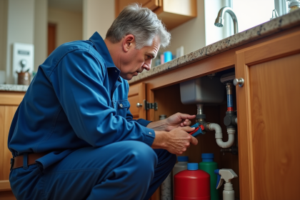 Plombier en bleu connectant des tuyaux PEX dans une cuisine moderne