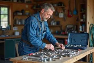 Plombier homme en bleu organise ses outils dans un garage
