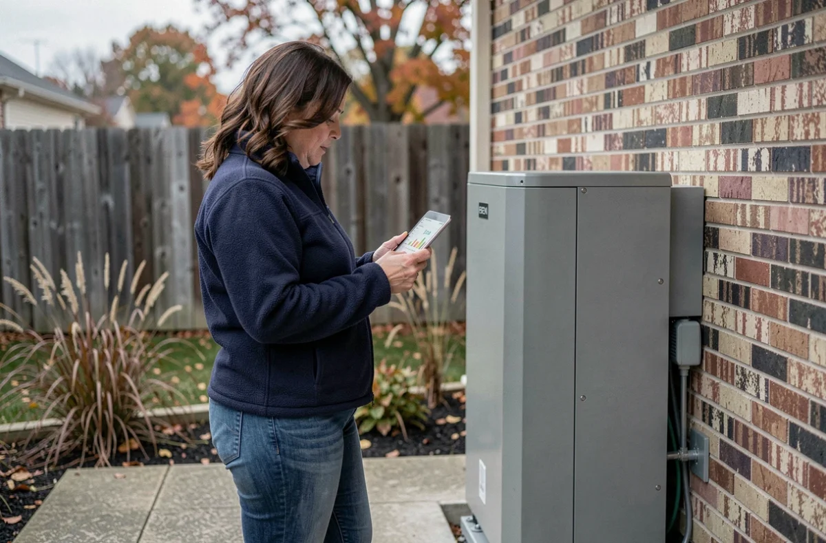 Femme consultant les données de coût énergétique d'une pompe à chaleur air-eau installée sur la façade extérieure d'une maison
