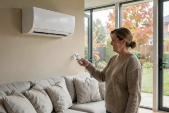 Femme utilisant la télécommande d'une pompe à chaleur air-air Hitachi dans un salon moderne et lumineux