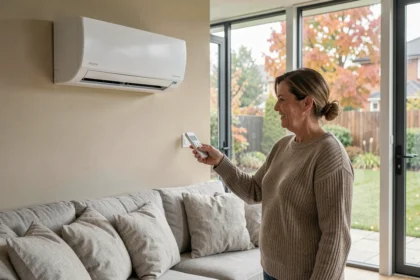 Femme utilisant la télécommande d'une pompe à chaleur air-air Hitachi dans un salon moderne et lumineux