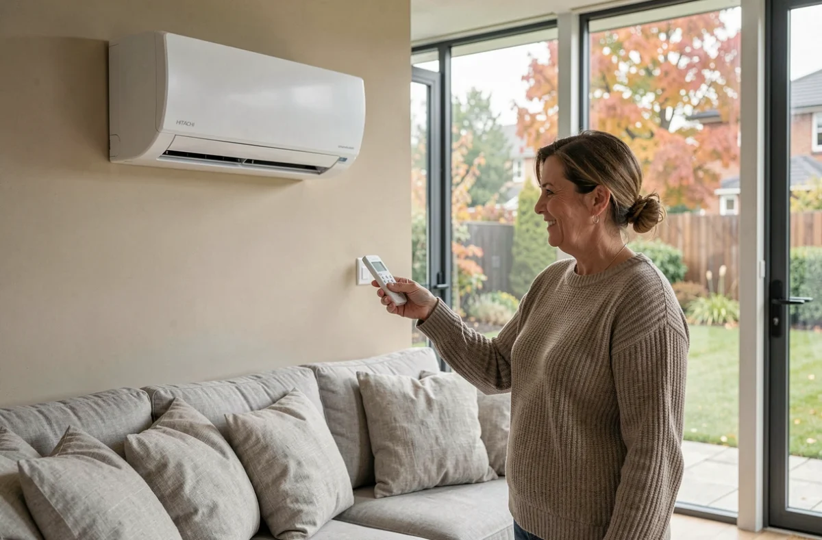 Femme utilisant la télécommande d'une pompe à chaleur air-air Hitachi dans un salon moderne et lumineux