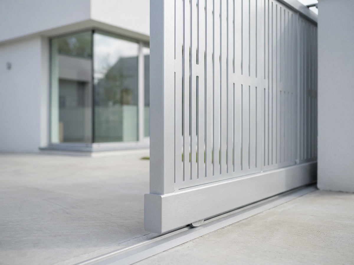 Portail coulissant en aluminium gris sur mesure devant une maison contemporaine blanche