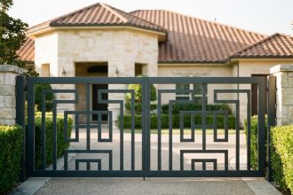 Portail en fer forgé anthracite harmonisé avec la façade en pierre d'une maison individuelle