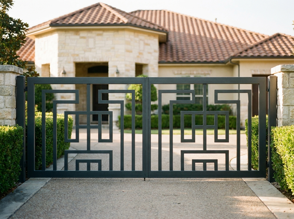 Portail en fer forgé anthracite harmonisé avec la façade en pierre d'une maison individuelle