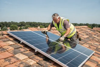 Technicien posant un panneau solaire photovoltaïque sur une toiture en tuiles, illustration du poids et de la pose des panneaux solaires