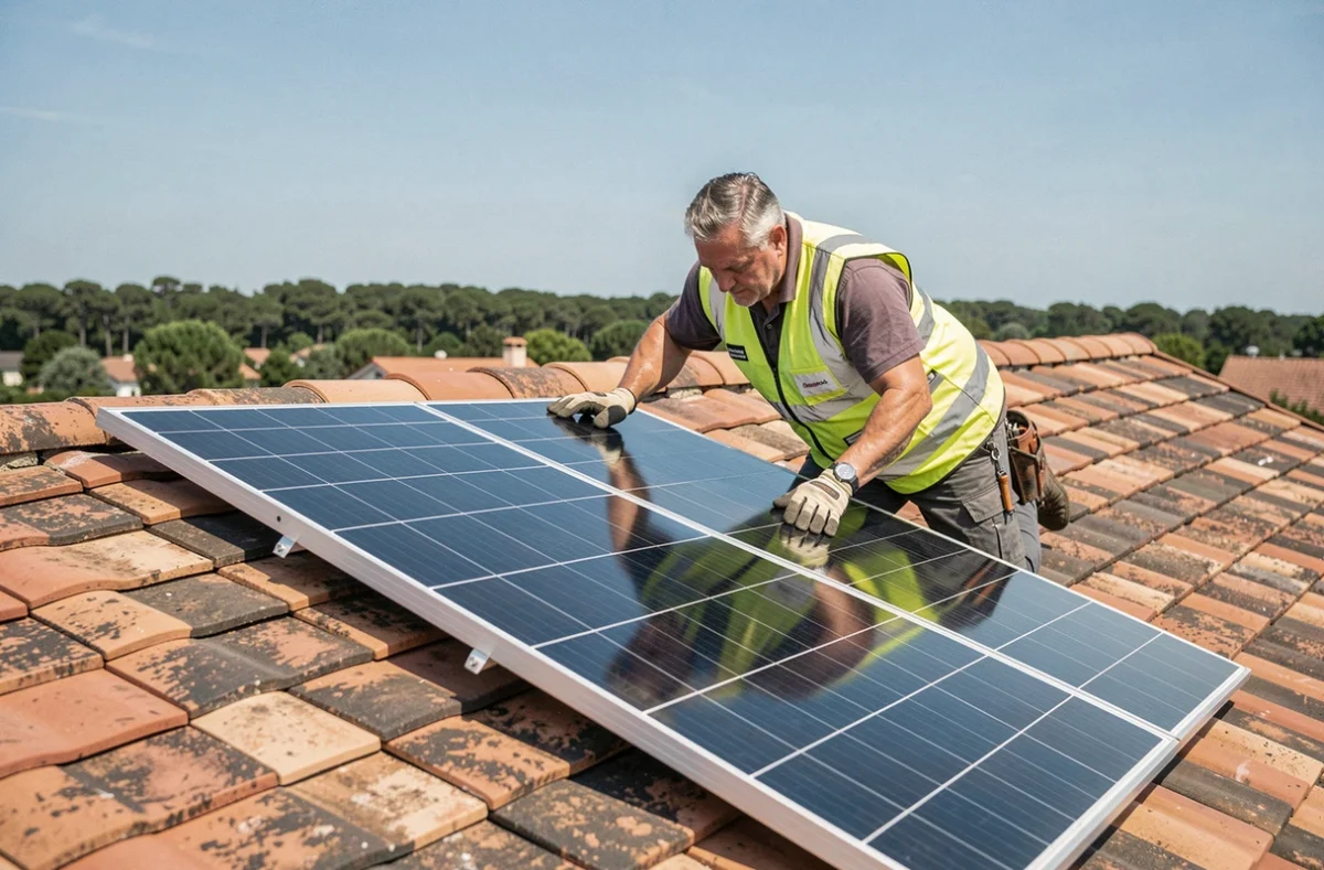 Technicien posant un panneau solaire photovoltaïque sur une toiture en tuiles, illustration du poids et de la pose des panneaux solaires