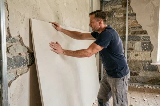 Ouvrier en rénovation posant un panneau de placo contre un vieux mur en pierre dans un appartement ancien
