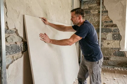 Ouvrier en rénovation posant un panneau de placo contre un vieux mur en pierre dans un appartement ancien