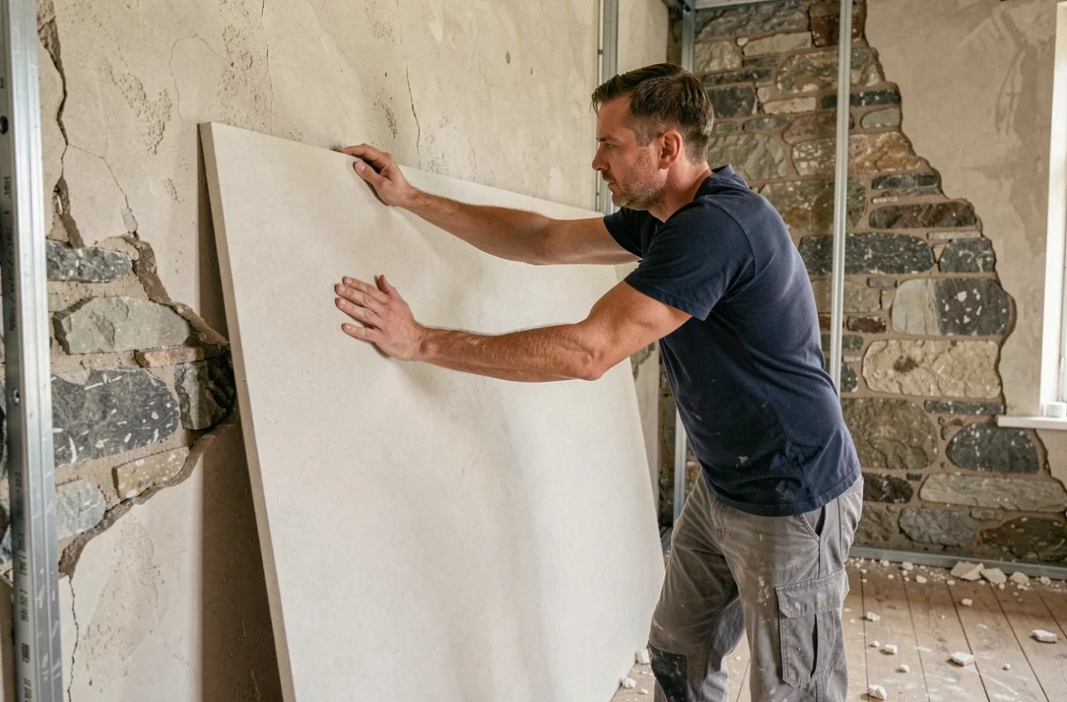 Ouvrier en rénovation posant un panneau de placo contre un vieux mur en pierre dans un appartement ancien
