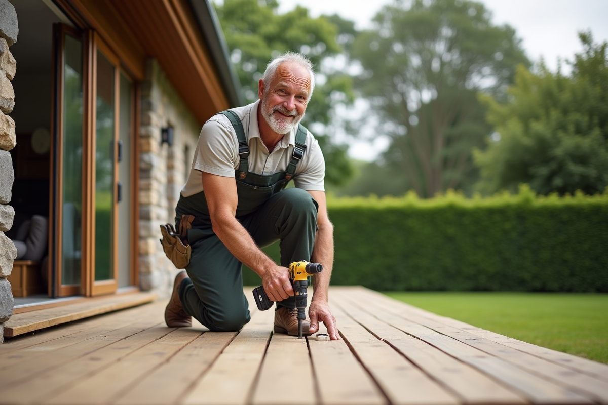 Homme en overalls posant une planche de bois sur la terrasse