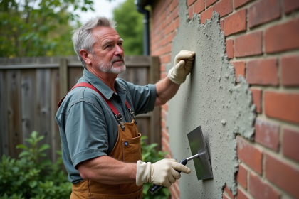Hommes en overalls appliquant un enduit lime sur un mur extérieur