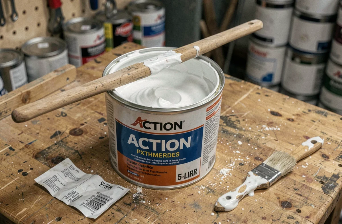 Pot de peinture Action blanche ouvert avec pinceau et étiquette de prix sur un établi de bricolage