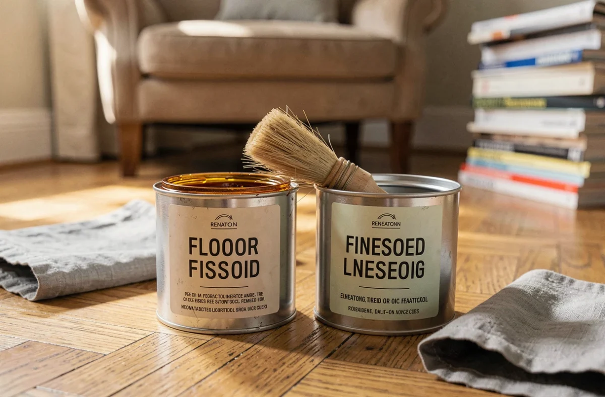 Comparaison d'un pot de cire et d'une huile pour parquet posés sur du bois brut avec des outils d'application lors d'une rénovation sans ponçage