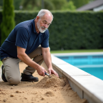 Hommes en travaux de piscine avec pelle et sable