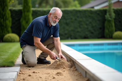 Hommes en travaux de piscine avec pelle et sable