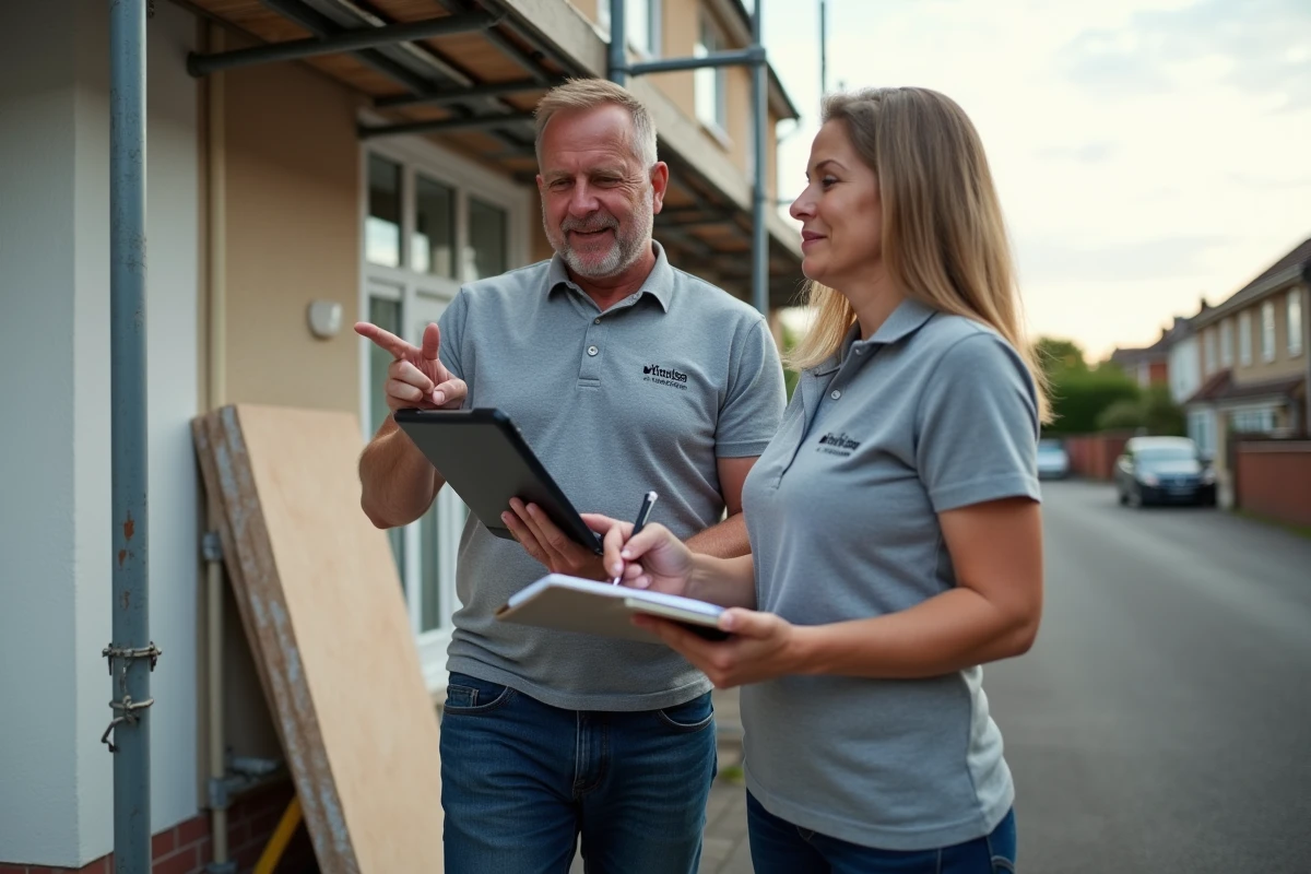 Deux professionnels du bâtiment consultant un devis numérique sur chantier de rénovation extérieure