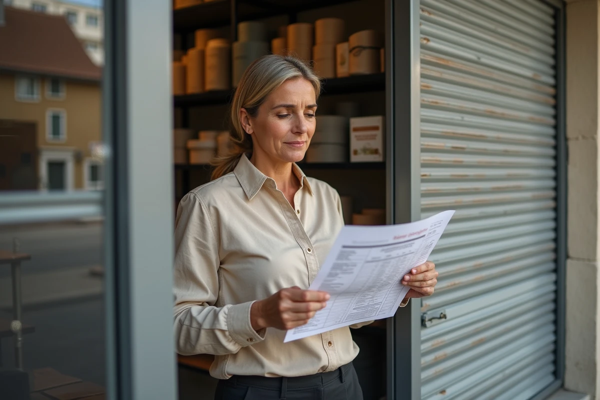Propriétaire de commerce comparant des devis pour la réparation d'un rideau métallique bloqué