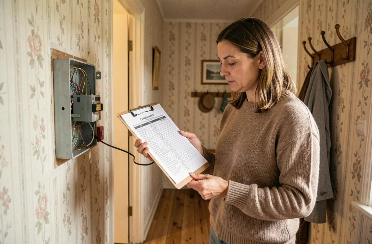 Propriétaire vérifiant la conformité des câbles électriques dans un couloir résidentiel avec une liste de contrôle