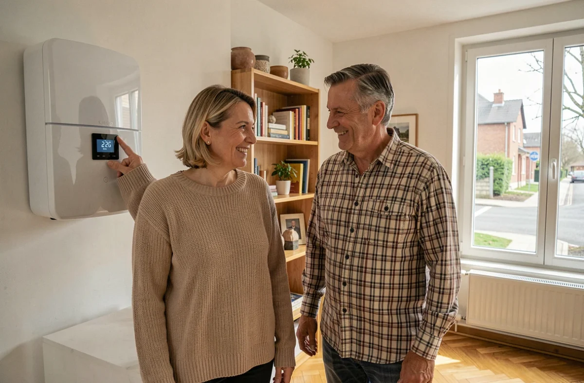 Couple de propriétaires satisfaits devant leur nouvelle pompe à chaleur installée dans le salon à Dijon