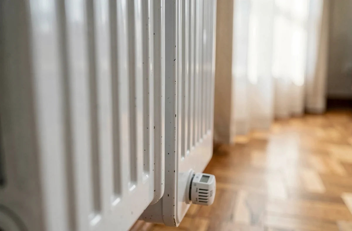 Gros plan sur un radiateur à eau chaude avec valve thermostatique dans un appartement illustrant le confort thermique et les économies d'énergie liées au traitement HU