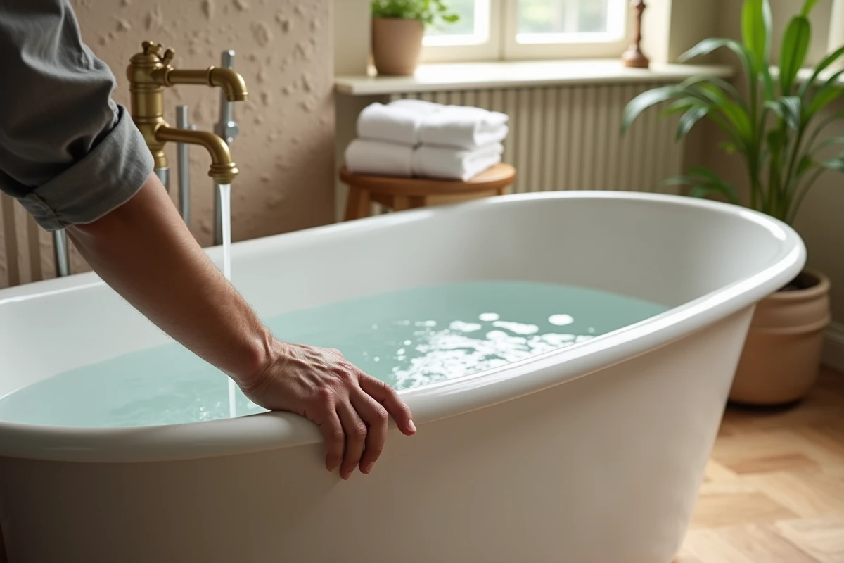 Main d'homme testant la température de l'eau d'une baignoire illustrant la consommation d'eau d'un bain