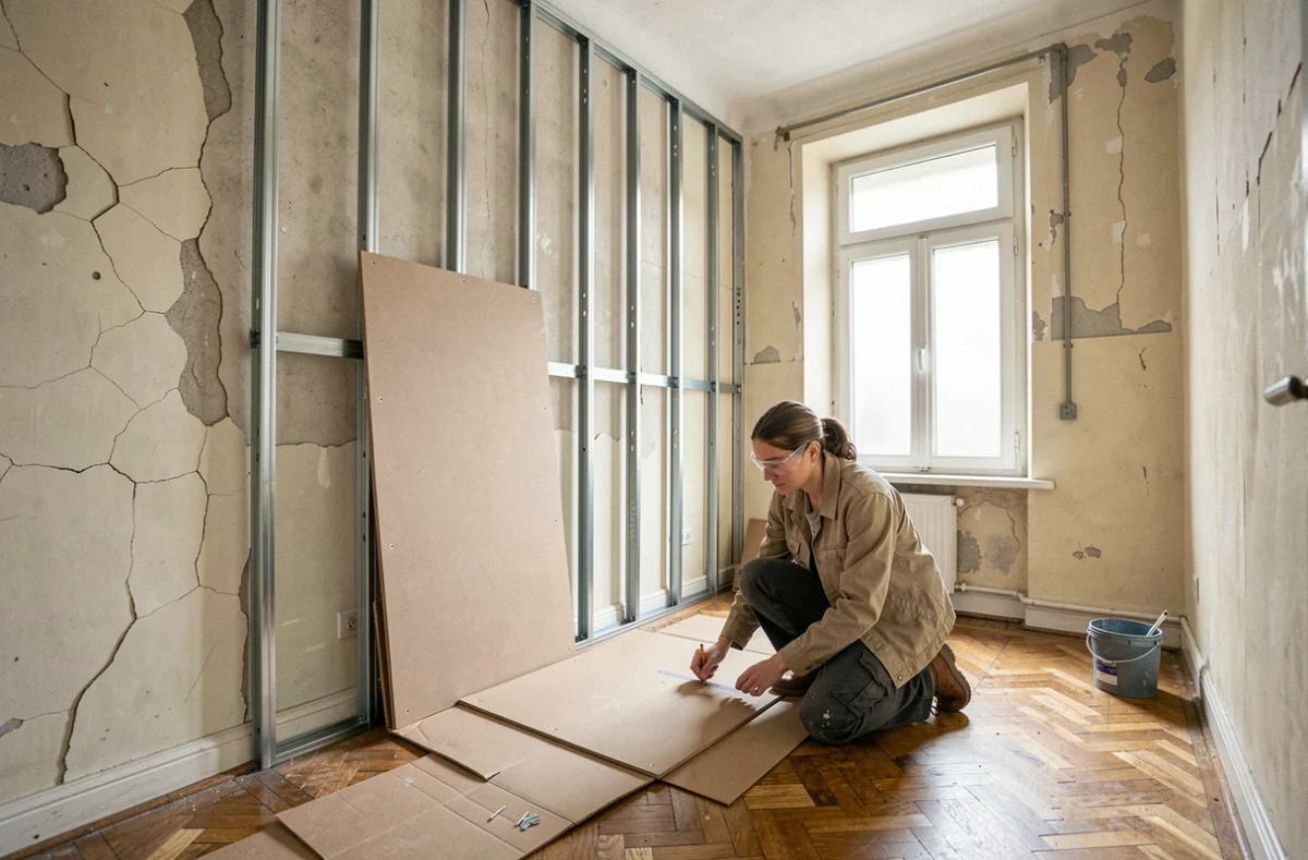 Vue d'ensemble d'une pièce en cours de rénovation avec ossature métallique et doublage placo sur mur ancien fissuré