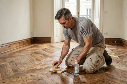 Artisan appliquant une huile naturelle sur un parquet en chêne ancien lors d'une rénovation sans ponçage dans un appartement haussmannien