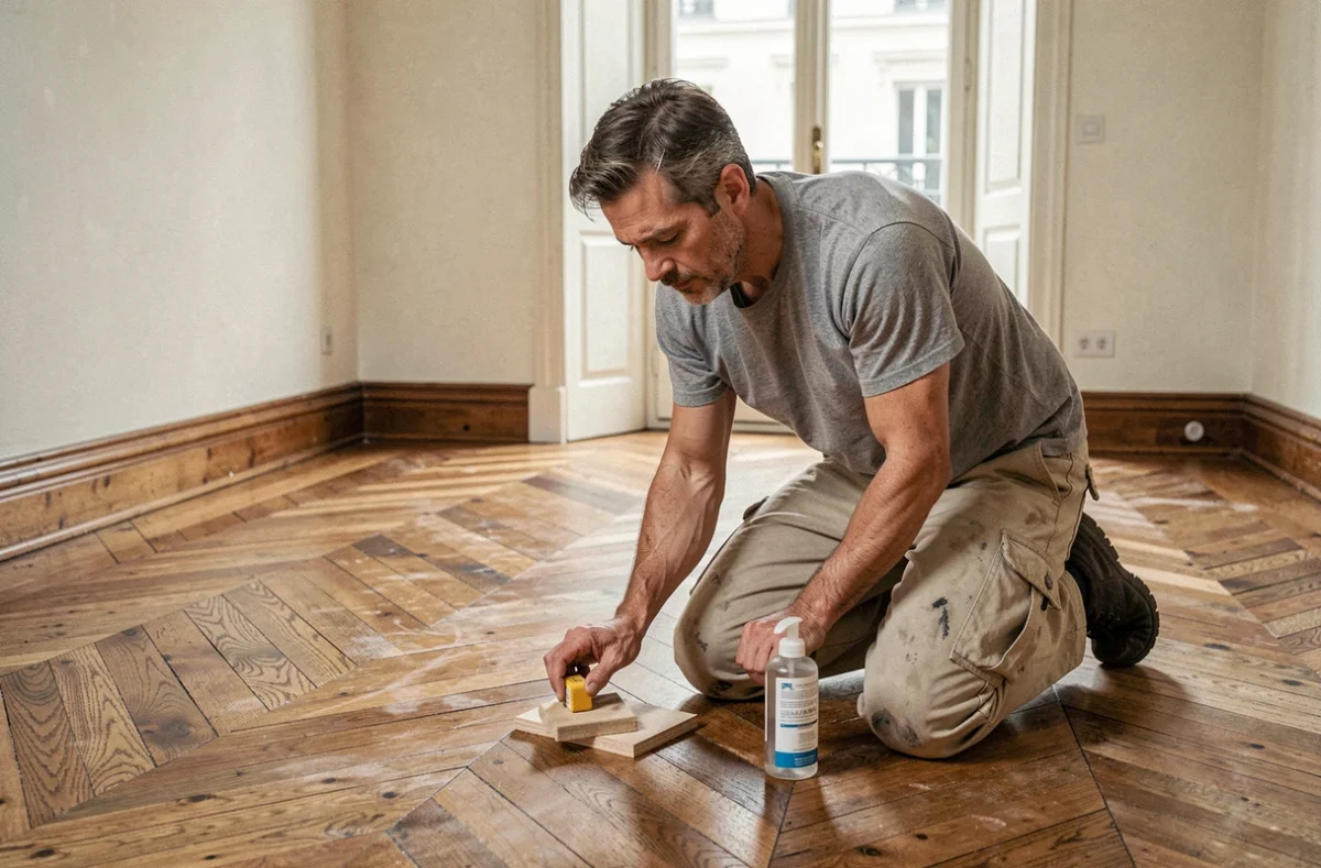 Artisan appliquant une huile naturelle sur un parquet en chêne ancien lors d'une rénovation sans ponçage dans un appartement haussmannien