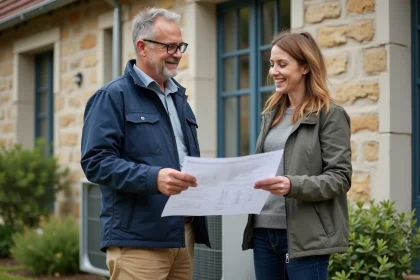 Homme et femme devant pompe à chaleur neuve maison
