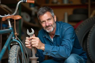 Homme d'âge moyen réparant un vélo dans un garage