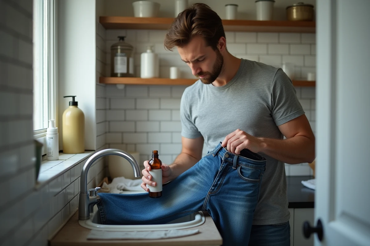 Homme appliquant du vinaigre blanc sur une tache de chewing-gum sur un jean slim au-dessus d'un évier dans un appartement