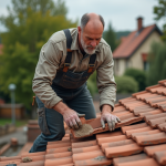 Homme en overalls retire tuiles de toit en terre cuite