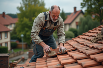Homme en overalls retire tuiles de toit en terre cuite
