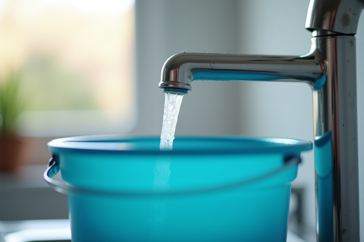 Robinet de cuisine vers un seau bleu lumineux