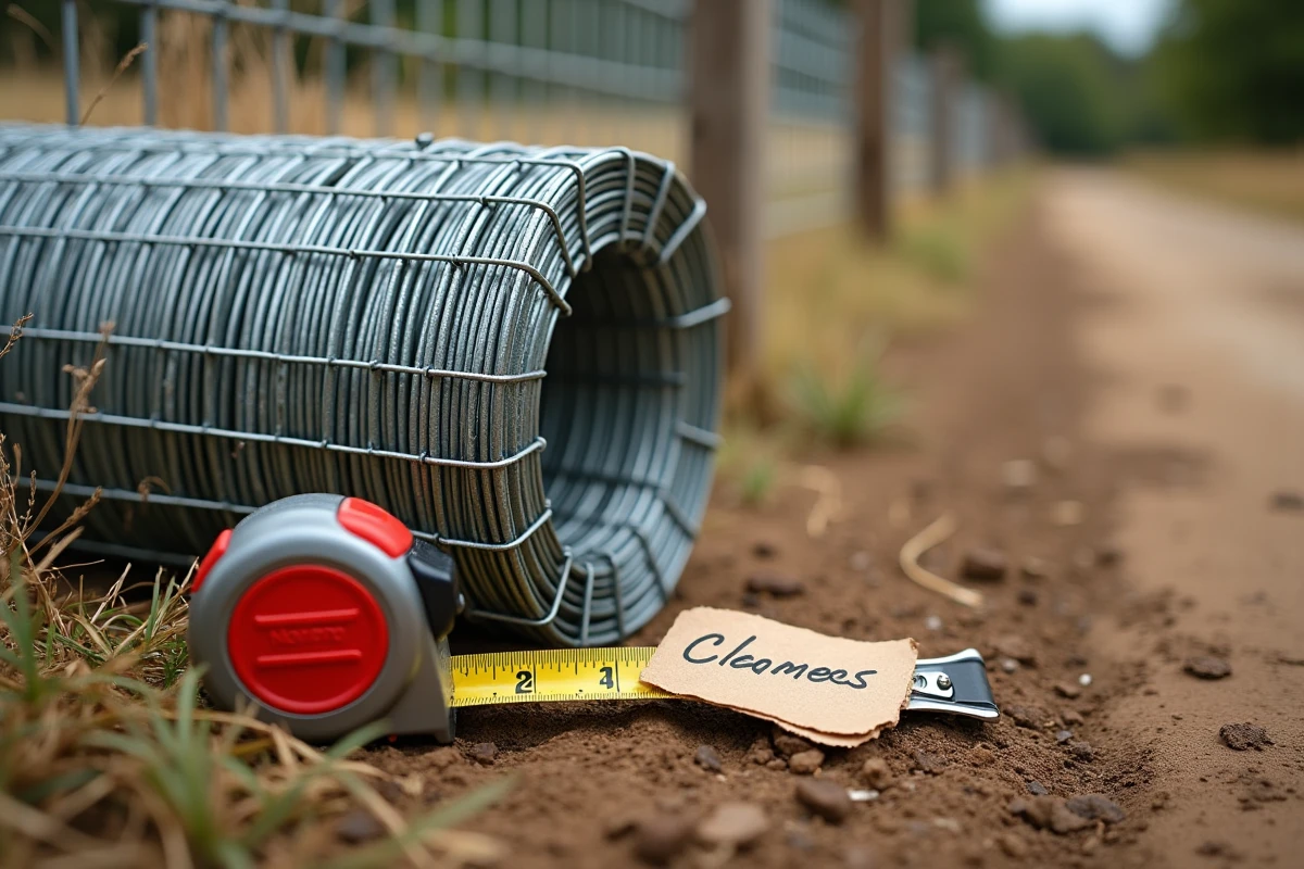 Rouleau de grillage galvanisé posé dans l'herbe avec mètre ruban pour mesurer la largeur en mètres linéaires, projet de clôture extérieure