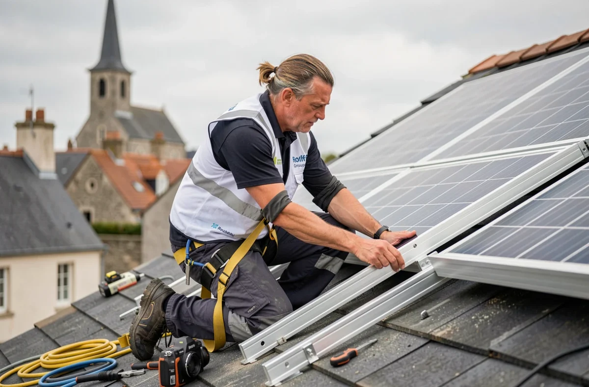 Installateur Rousseau Groupe Snef fixant des rails de montage pour panneaux solaires sur un toit résidentiel breton