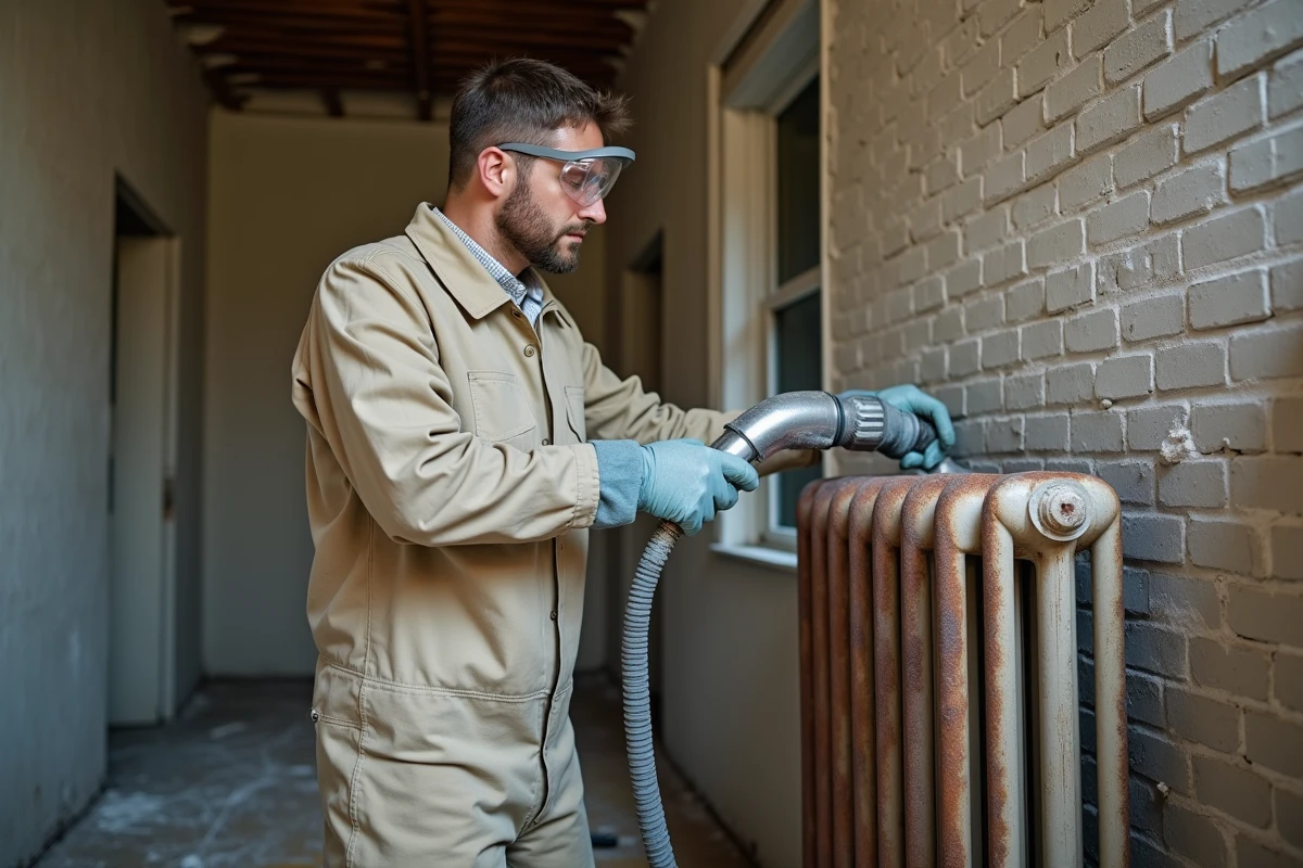 Technicien en combinaison de protection sablant un vieux radiateur en fonte dans une pièce en cours de rénovation énergétique