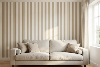 Salon clair avec un mur de papier peint à rayures verticales beiges