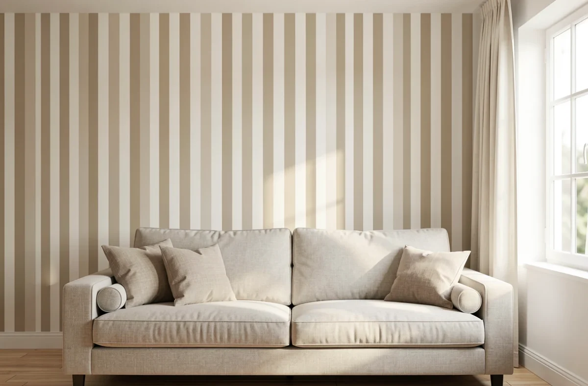 Salon clair avec un mur de papier peint à rayures verticales beiges