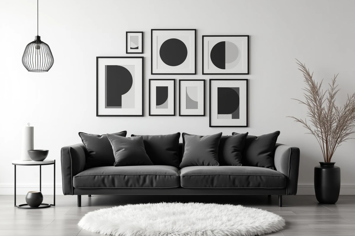 Salon complet en noir et blanc avec canapé velours gris, galerie de cadres noirs et tapis blanc moelleux pour un rendu haut de gamme pas cher