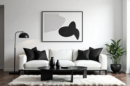 Salon décoré en noir et blanc avec canapé en lin blanc, coussins noirs géométriques et tableau abstrait monochrome sur mur blanc