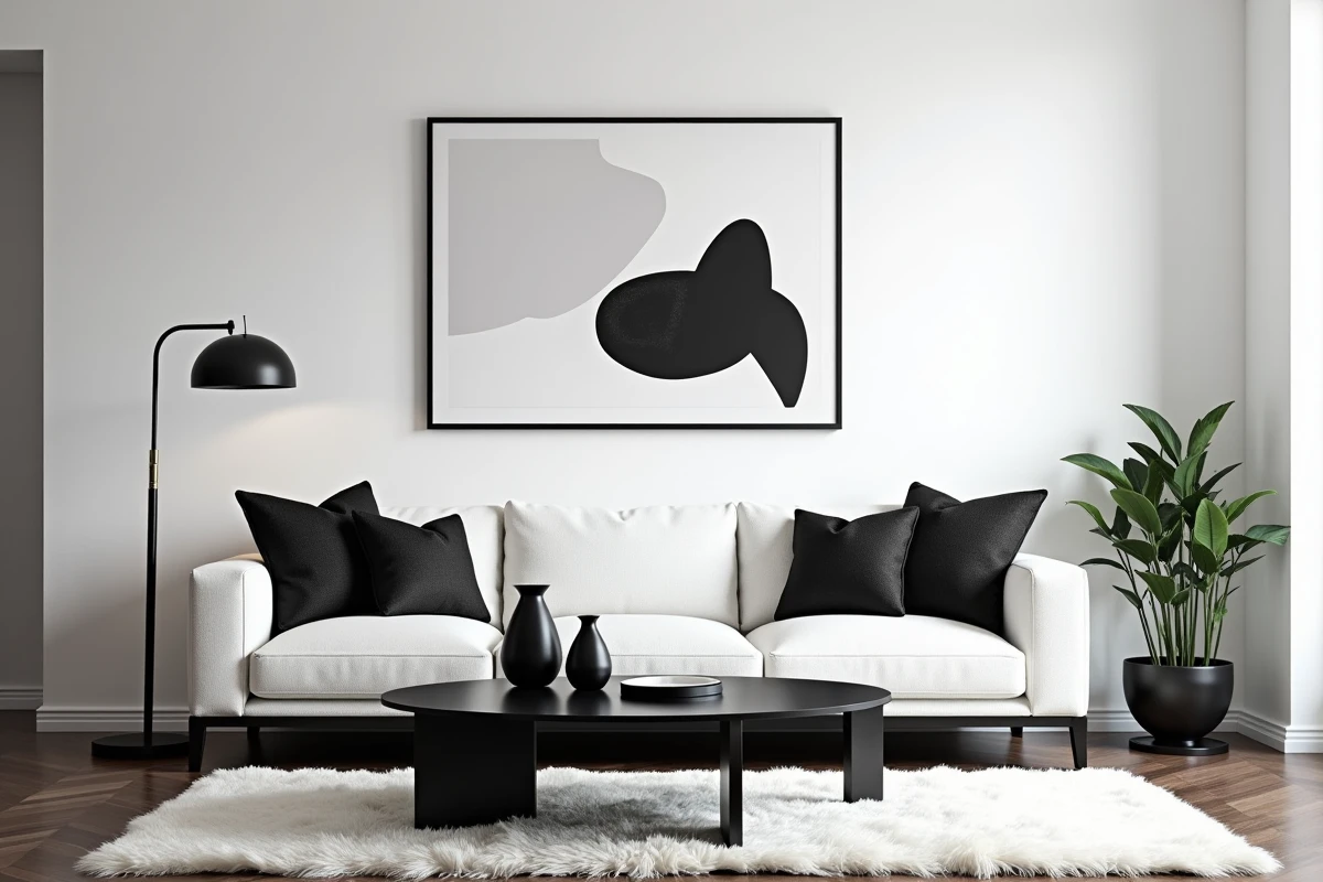 Salon décoré en noir et blanc avec canapé en lin blanc, coussins noirs géométriques et tableau abstrait monochrome sur mur blanc
