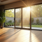 Salon moderne avec grande porte-fenetre en mesh naturel