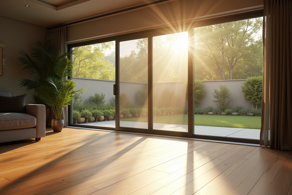 Salon moderne avec grande porte-fenetre en mesh naturel