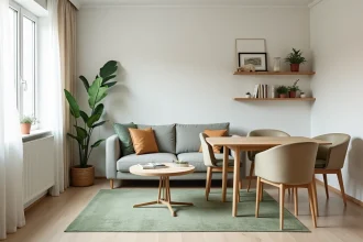 Petit salon et salle à manger dans la même pièce avec séparation visuelle par un tapis vert sauge et mobilier en chêne clair